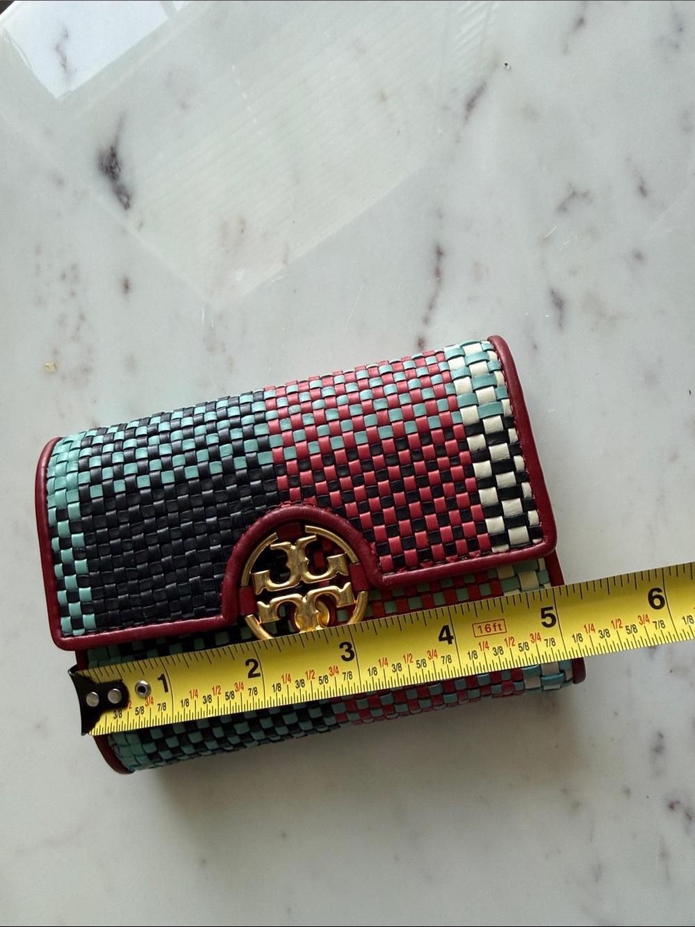 Tory Burch Woven Checker Compact Wallet - Red, Teal & Black - Picture 9 of 12